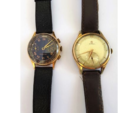 A gentleman's gold circular cased chronograph wristwatch, with an unsigned jewelled lever movement, the black dial with gilt 