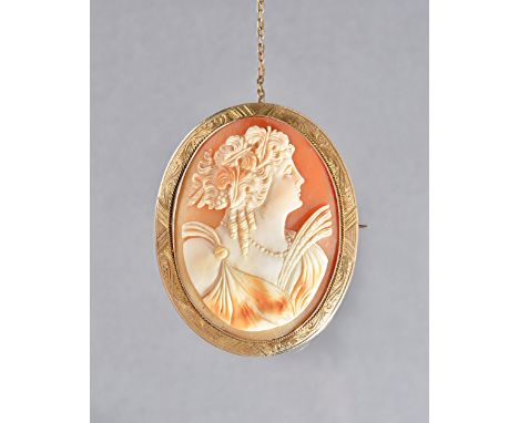 A gold mounted oval shell cameo brooch, carved as the portrait of a classical lady, the mount decorated with a ropetwist and 