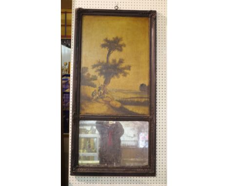 A 19th century French trumeau wall mirror, depicting a hunting scene with a black painted frame, 74cm wide x 149cm high. 