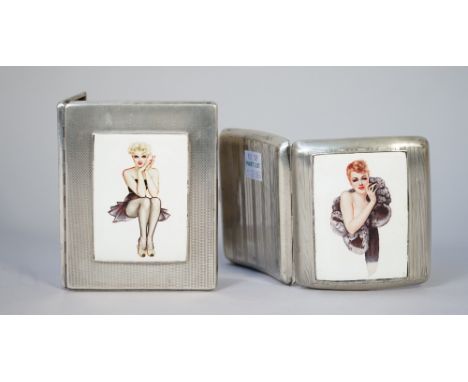 A silver rectangular cigarette case, the lid later applied with an enamelled rectangular panel depicting the figure of a lady