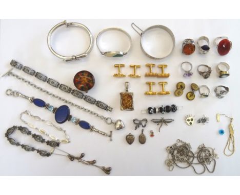 Silver and other jewellery, comprising; three bangles, two brooches, six bracelets, four pairs of cufflinks, a circular box, 