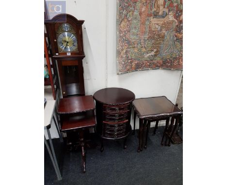 TELEPHONE TABLE, NEST OF TABLES, GRANDDAUGHTER CLOCK AND OVAL 6 DRAWER CHEST 