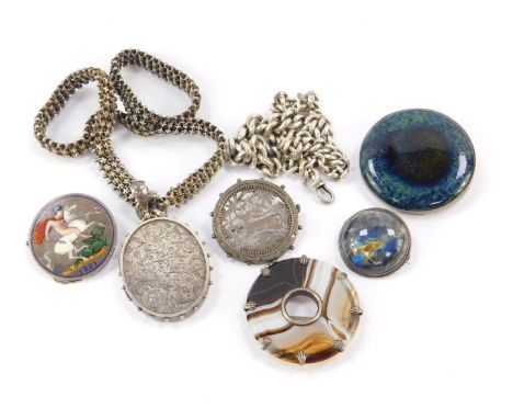 Victorian and later silver jewellery, including a Ruskin pottery mounted brooch, Scottish Agate circular brooch, George IV si