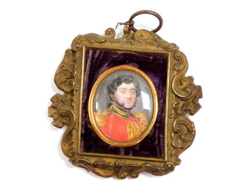 An early 19thC military portrait miniature, bears paper label verso, Thos. Legh of Adlington 1828, 38mm x 32mm.