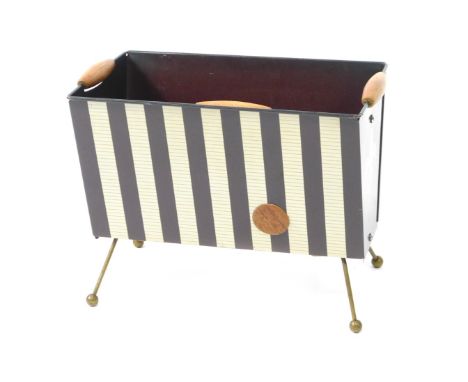 A Worcester ware mid 20thC metal twin division magazine rack, with brown and cream banded decoration, fleur de lys to the sid