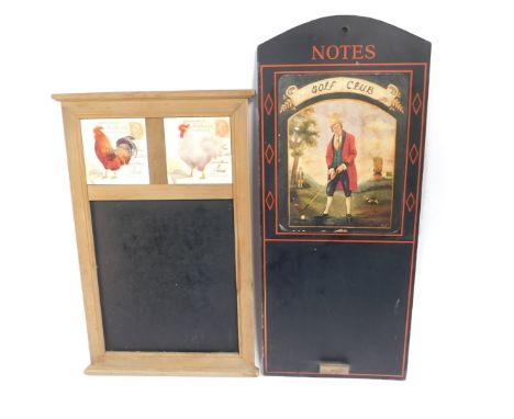 Two decorative chalk boards, one titled Notes, above a print entitled Golf Club, 60.5cm H, the other pine framed and inset wi