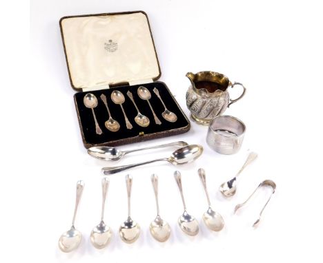 A set of six George V silver coffee spoons, cased, Sheffield 1929, six George V silver rats tail coffee spoons, Chester 1913,