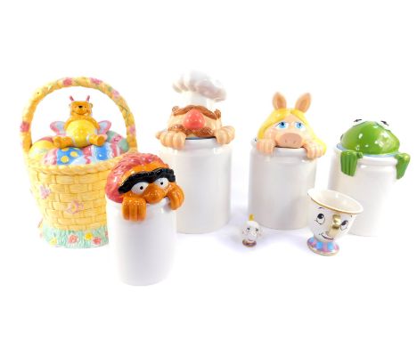Four Jim Henson Muppets kitchen storage jars, to include Kermit and Miss Piggy,  a Disney Store Winnie The Pooh biscuit jar, 