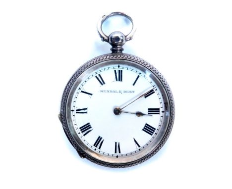 A Victorian silver lady's pocket watch, open faced, key wind, enamel dial for Kendal &amp; Dent, bearing Roman numerals, with