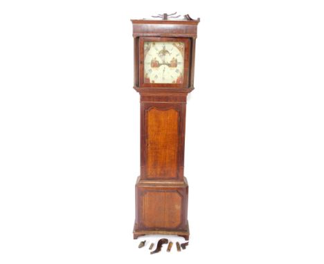 A Georgian mahogany and oak longcase clock, the square enamelled metal dial painted with figures, bearing Roman and Arabic nu