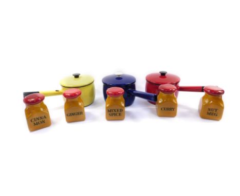 Three Swedish Kockums coloured enamel saucepans with lids, together with five Derek Fowler Studio Pottery storage pots, with 
