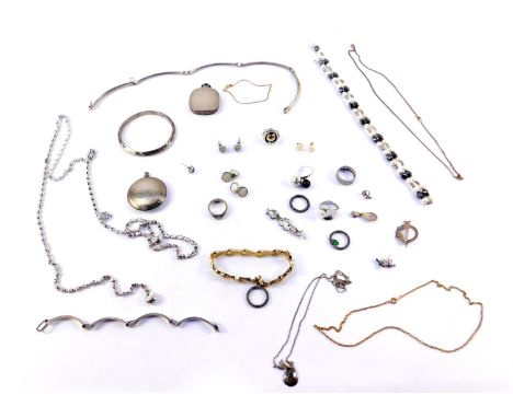 Silver and costume jewellery,  including rings, necklaces, and a bangle, together with a silver perfume flask, with engine tu