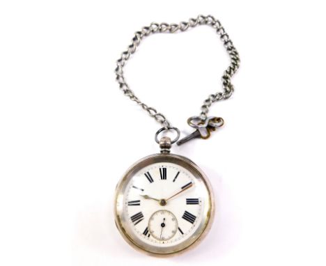 A Victorian gentleman's silver cased pocket watch, open faced, key wind, enamel dial bearing Roman numerals, subsidiary secon