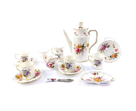 A Royal Crown Derby porcelain part coffee service, decorated in the Derby Posies pattern, comprising coffee pot, cream jug, f