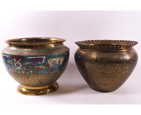 A large Asian brass and cloisonne (possibly Malayan) planter, decorated with a polychrome band of enamel and another with eng