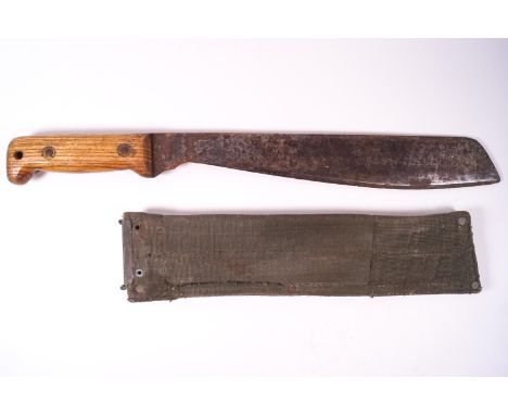 A British Army machete with sheath, numbered 4048 MECO 1956 KE 18732 to the sheath, 48cm max long