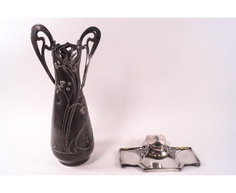 A W M F inkwell and two handled vase, the well of contrived rectangular form with three dished sections pierced with flower h
