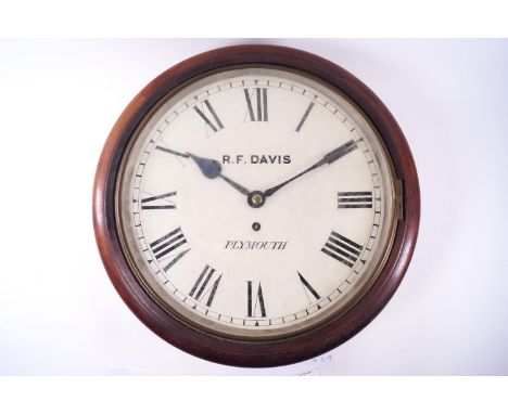A mahogany cased wall clock by R F Davis of Plymouth, of circular form, with round cream Roman dial in a brass frame, 39cm hi