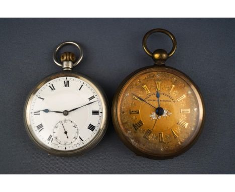 A white base metal open face pocket watch, manual wind movement, signed Dox, case reference; 788443, 91.2g and a railway time
