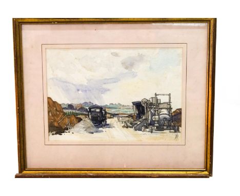 Laurence Irving, The Roadworks, pencil and watercolour, signed with monogram lower right, 24cm x 34cm