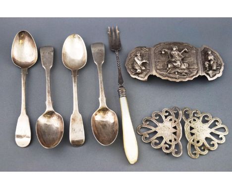 A Fiddle pattern teaspoon, Edinburgh 1831, with three others, a pickle fork, a Burmese style belt buckle and another, 78g wei