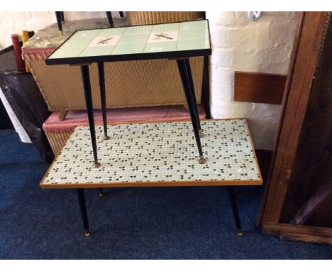 Two tile top coffee tables, two wicker ottomans, two wicker linen boxes.