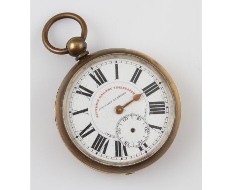 A gilt metal Superior Railway Timekeeper Specially Examined key wind open face pocket watch, the white enamel dial having hou