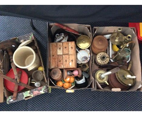 Three boxes of various items including gas lamps, sand timer, miniature chest of drawers, ceramic oranges, barrel, wooden sca