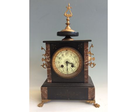 A slate mantel clock with marble inlay and gold painted decoration, marked 5186 inside. Height 37cm.