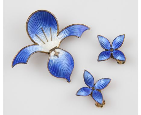 An Aksel Holmsen enamel brooch, of stylised orchid design in blue and white guilloche enamel, stamped 925S Made in Norway Ste