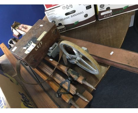A boxed surveyors instrument by E.R.Watts & Son London, tripod surveyors measure, wood set square, box and basket of drawing 