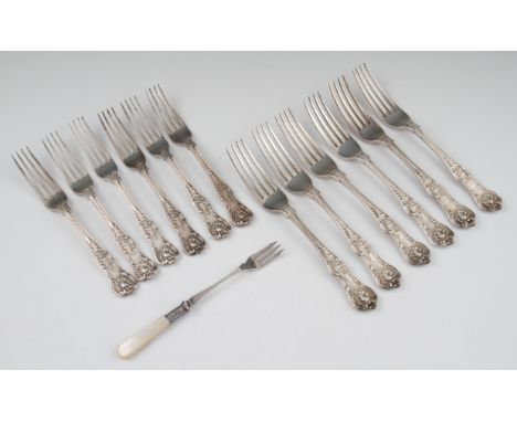A Victorian part canteen of silver cutlery to include six dinner forks and six dessert forks, all hallmarked London 1845, wit