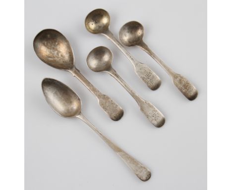 A collection of antique silver spoons, to include three Victorian condiment spoons, all hallmarked London 1838, with makers m