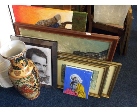 A modern Chinese decorated vase, a Tony Goffe painting of sheep, a Caroline Burnett street scene painting, two Russel Flint p