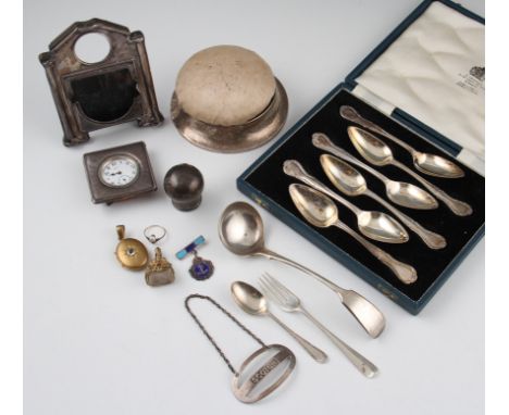 A collection of hallmarked silver items to include a Scottish ladle, a Scotch label, a pastry fork, a tea spoon, a pin cushio