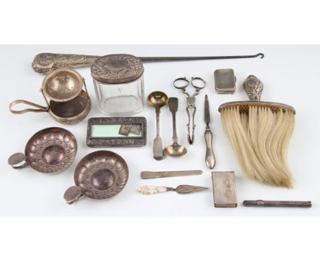 A collection of hallmarked silver items to include a match box holder, two Georgian spoons, a mother of pearl handled bookmar