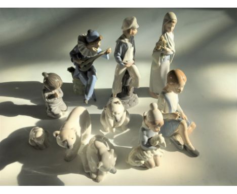 Seven Lladro and three Nao figurines including polar bears, girl with tulips, sailor boy, etc.