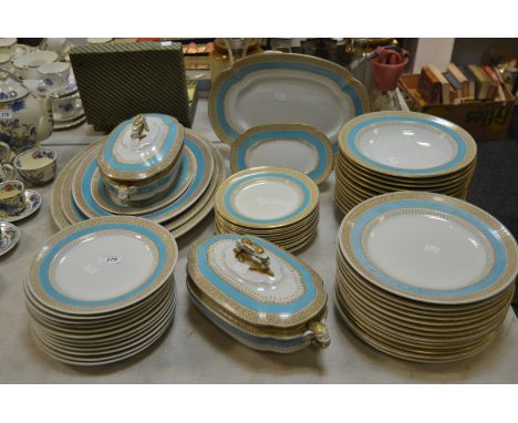 A Victorian Royal Worcester dinner service, turquoise and gold bands, Elephant mask handles to tureens, comprising of soup pl