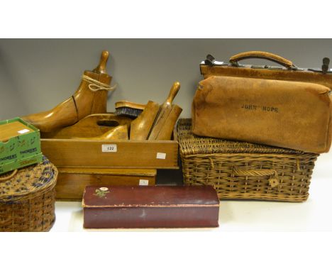 Boxes and Objects - a small leather Gladstone bag stamped John Hope; an oak cutlery tray; a papier mache glove box; a muscal 