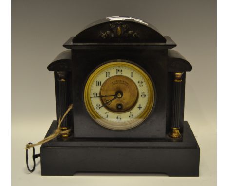 A Victorian Belge Noir mantel clock,  H.L Brown & Sons, Paris & Sheffield,  brass and enamel dial, Roman numerals, single tra
