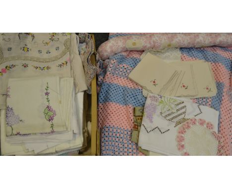 Textiles - linen table cloths; crocheted blankets;  etc (1 box)