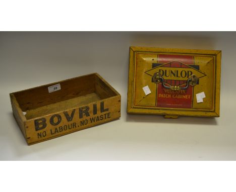 Advertising - a Dunlop 'Vulcafix' patch tin; a Bovril 'No labour No Waste' box (2)