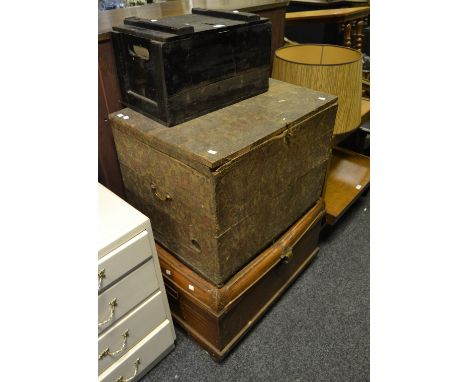 A metal travel trunk; a pine storage box; a pine tool box (3)
