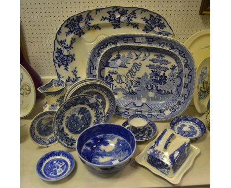 Blue and White Ceramics - a Staffordshire 'Anemone' pattern meat plate; another Staffordshire willow pattern meat plate; a Vi