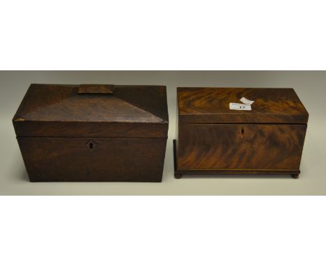 A George III mahogany tea caddy, two section interior, ivory turned handles, inlaid cover, c.1820;  another Victorian (2)