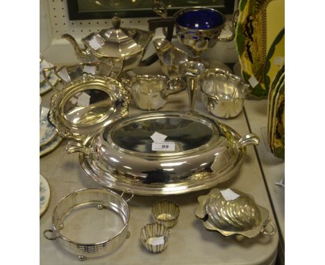 Silver Plated Ware - a silver plated three piece tea service  entree dish and cover; butter dish ; sucrier;  etc 