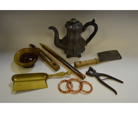 Household Goods - a Dixon & Son pewter teapot, mother of pearl finial; a late-Victorian brass and copper thermometer; a float