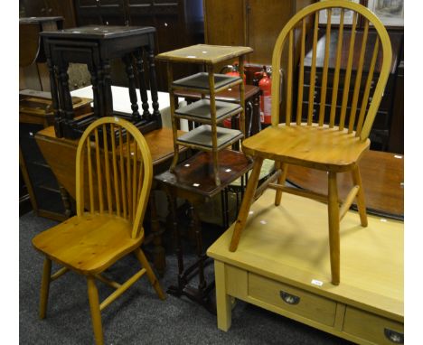 A pair of contemporary  Ercol-style dining chairs; a bamboo occasional table, with three undertiers; a mid-20th century pair 