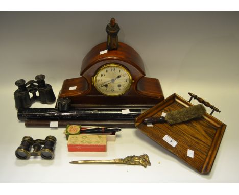 Ephemera - a mahogany Napoleon hat mantel clock; an oak crumb brush and tray; a compound pocket microscope; a brass letter op
