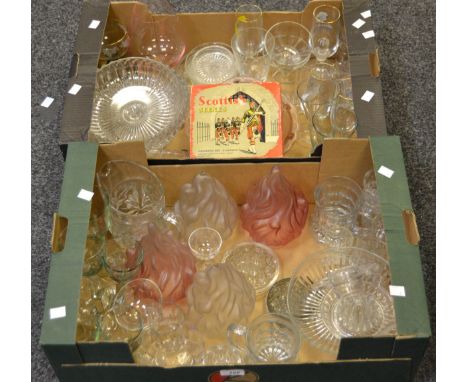 Glassware - a set of four frosted glass light shades; Sundae dishes; a boxed Scotts Scenes drinking glasses; ;  etc (2 boxes)